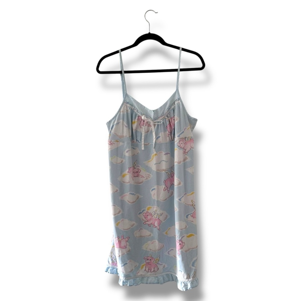 Nick & Nora Flying Pigs Nightgown Slip Chemise Ruffle Bow Spaghetti Strap Sz XL